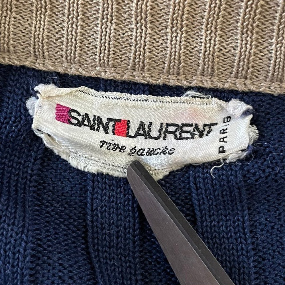 Yves Saint Laurent Rive Gauche Vintage 1970s Womens Cardigan Sz S Navy Blue Tan - Picture 7 of 10